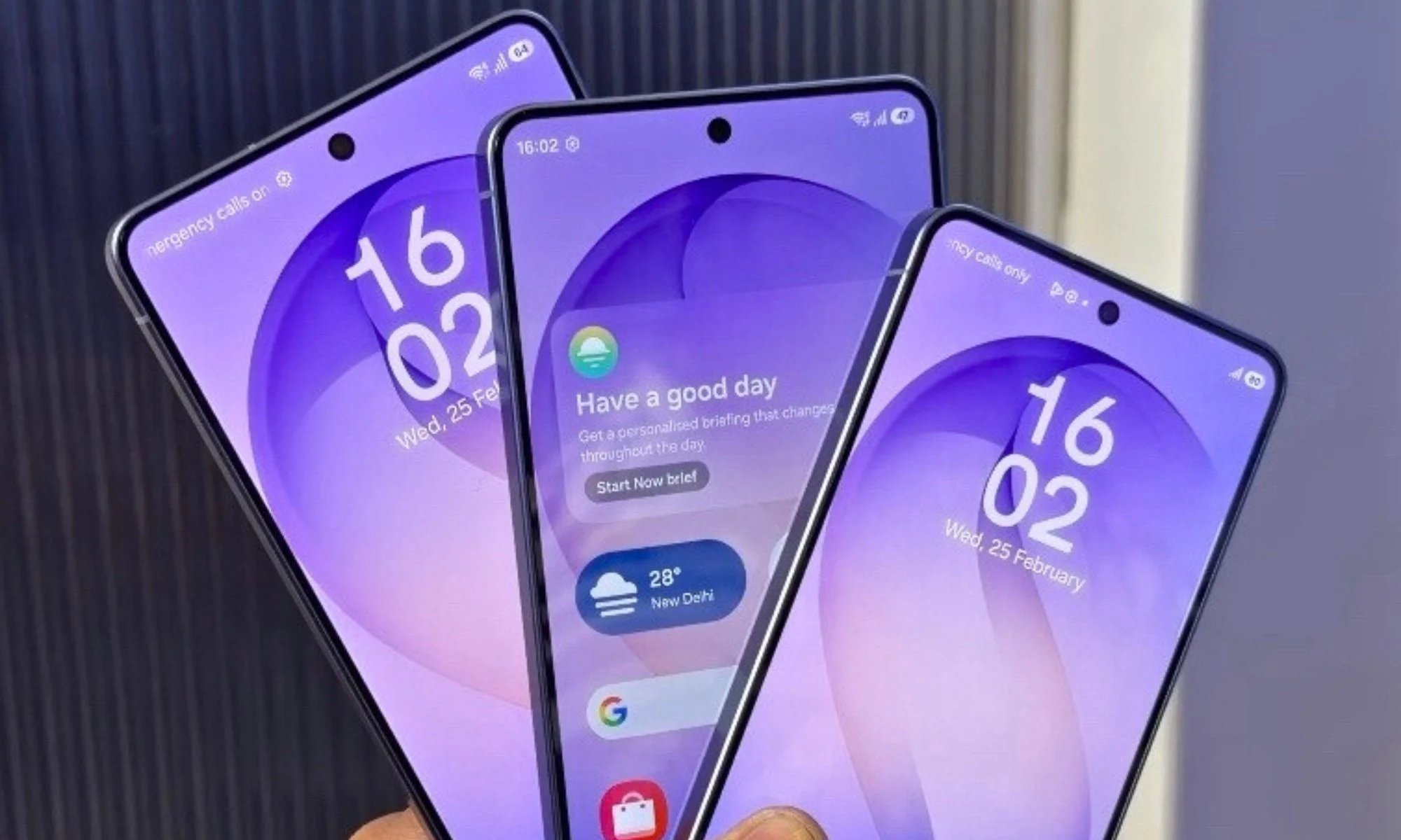 Picture of three Galaxy S26 seires phones in one frame.