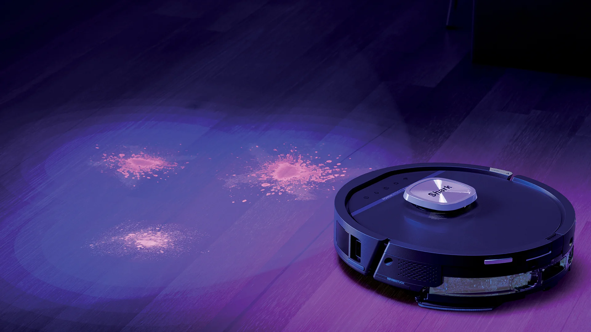 Graphic showing the Shark PowerDetect UV Reveal robot vacuum cleaning a room