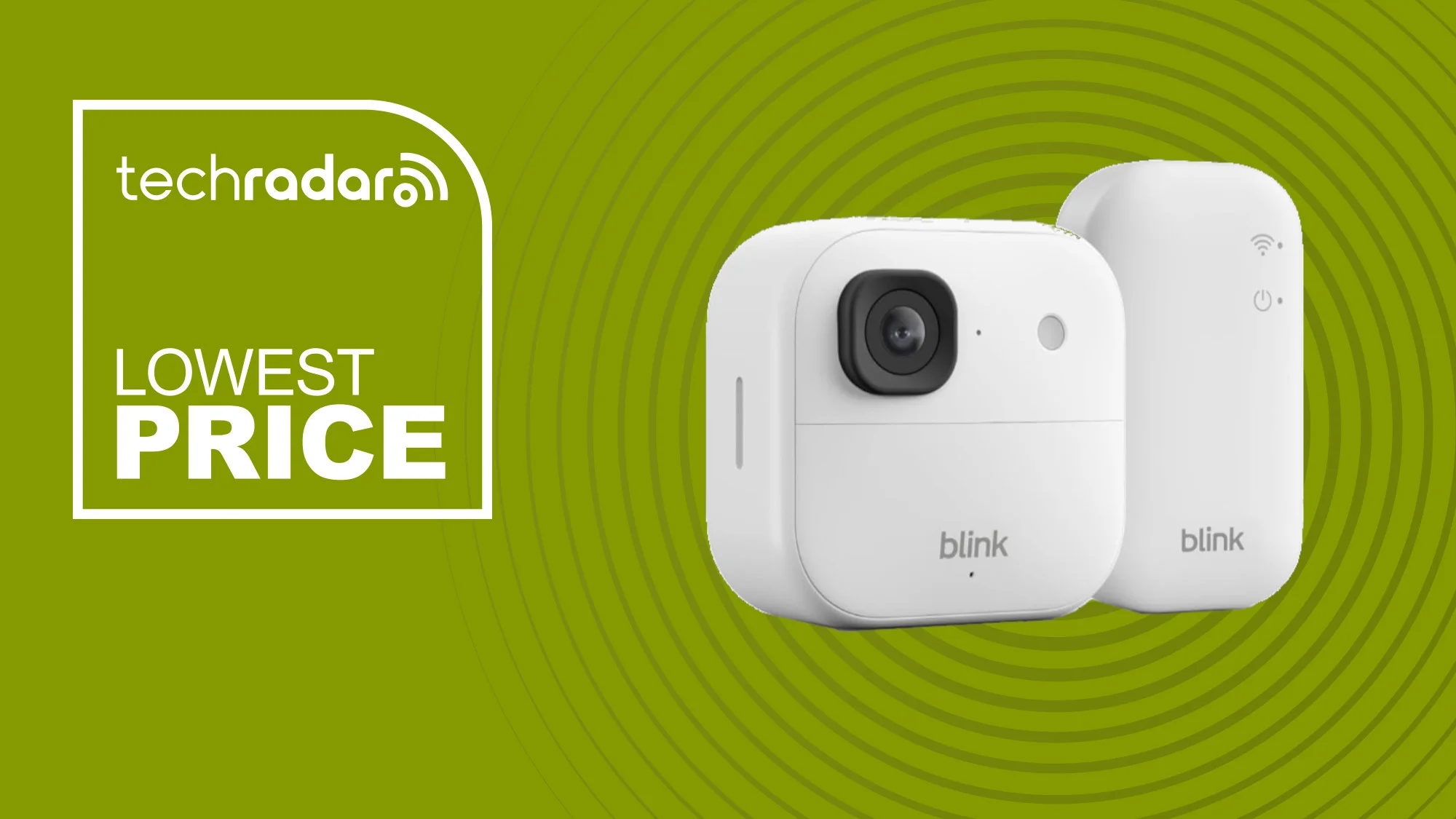 Blink Outdoor 2K+ on a green background next to TechRadar lowest price badge
