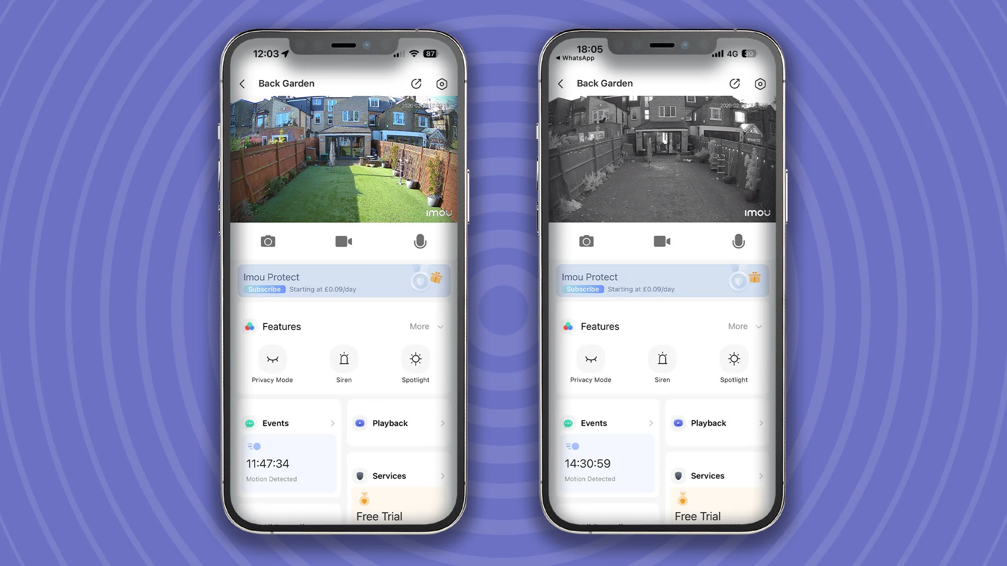 Two iPhone showing footage from IMOU Cell 3C All-in-One Security Camera during the day and at night