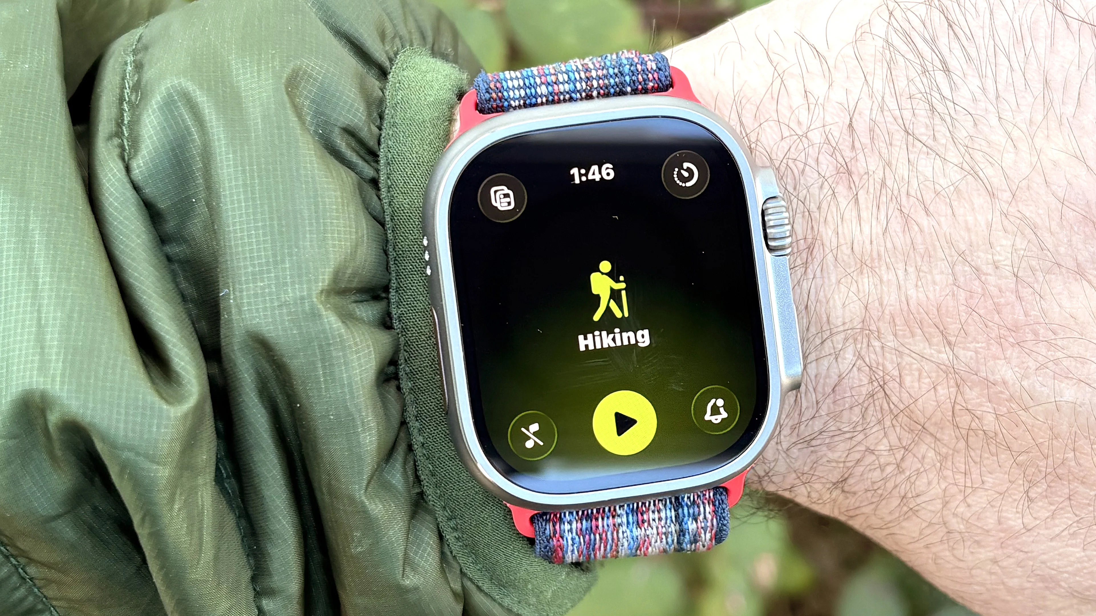 Close-up of the Apple Watch Ultra 3 showing the option to track hiking in the Workout app
