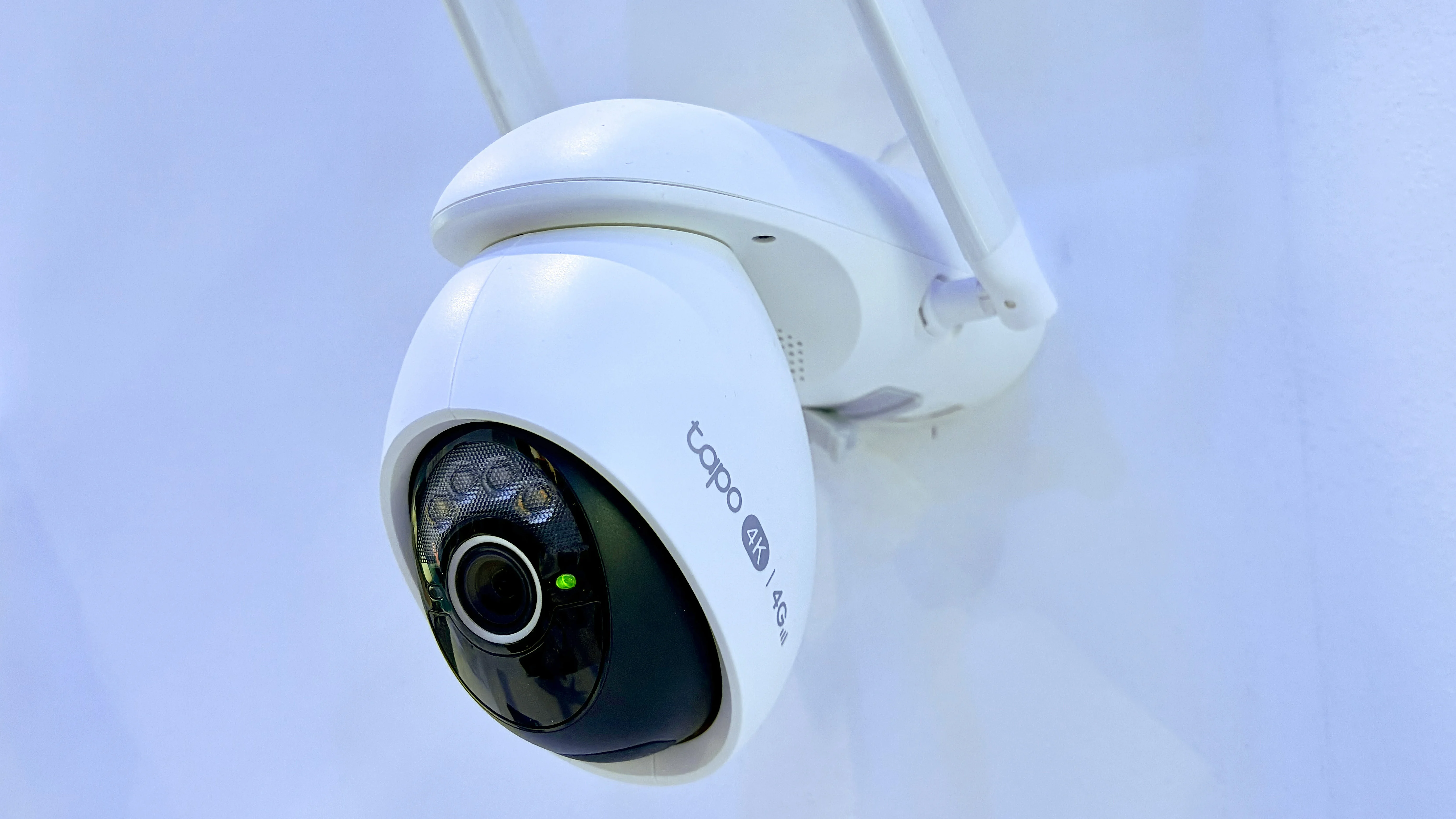 Close-up of the new TP-Link Tapo C665G smart security camera with connected solar panel at MWC 2026 in Barcelona Spain