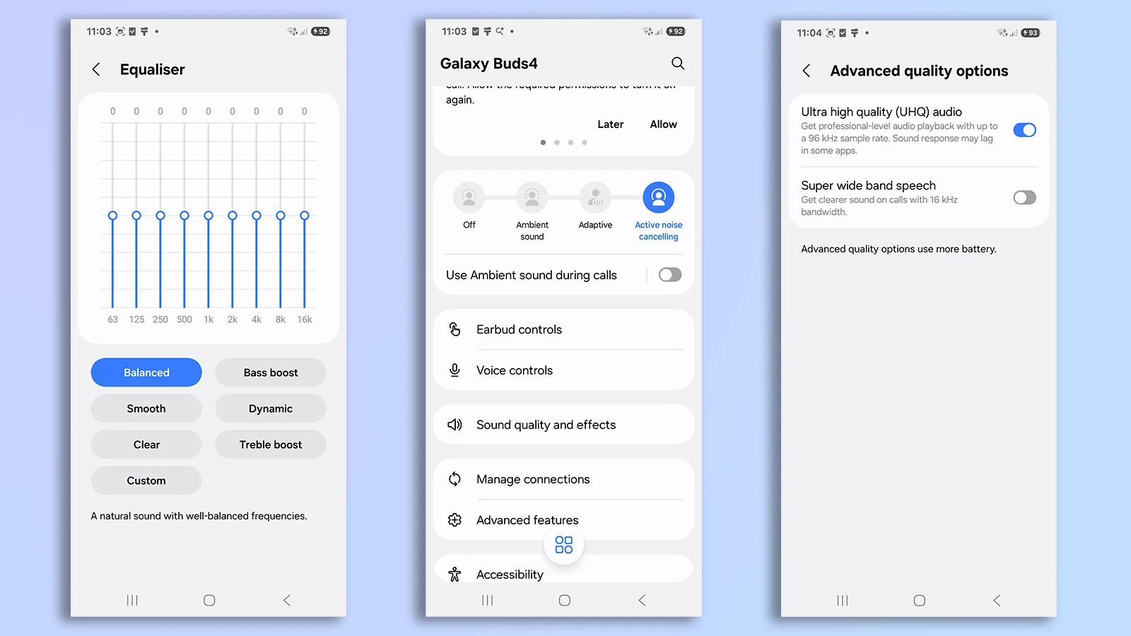 three screenshots from the samsung native app for galaxy buds 4