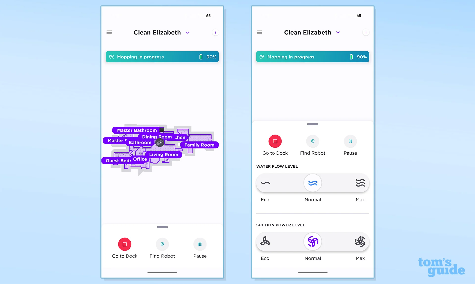 Screenshots of the Shark UV Reveal PowerDetect Robot Vacuum app