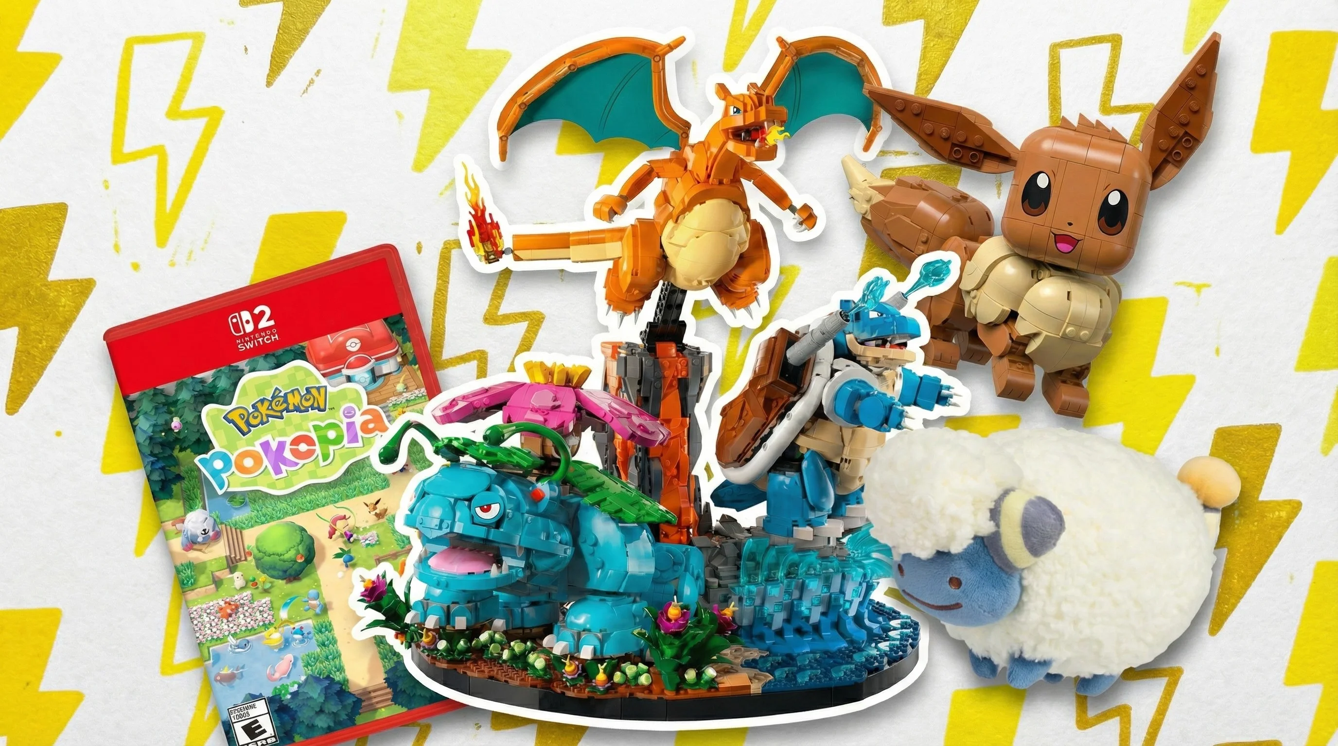 Pokemon Lego, plushies, and games in front of electric bolts of lightning