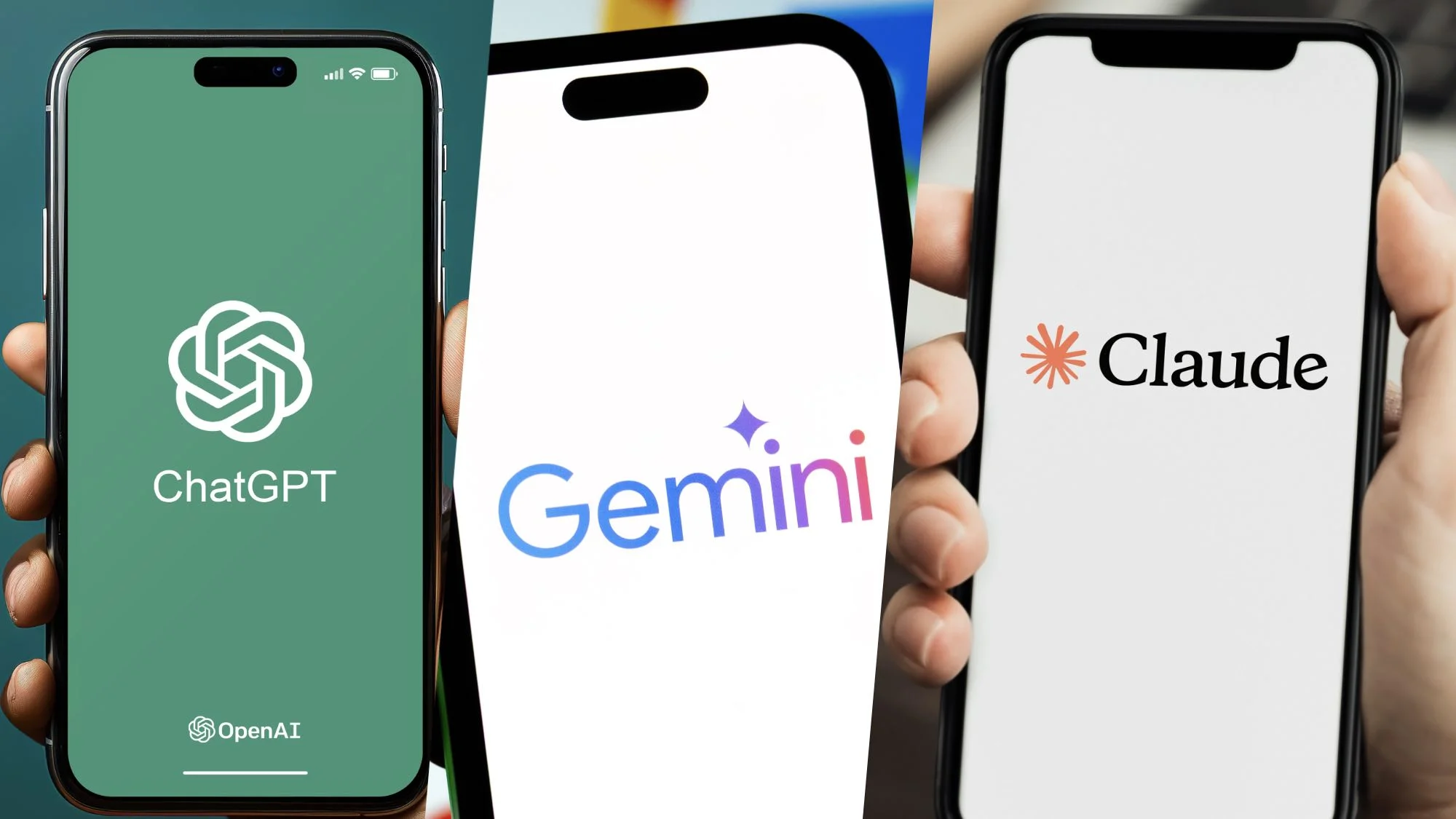 ChatGPT, Gemini and Claude logos on phones 